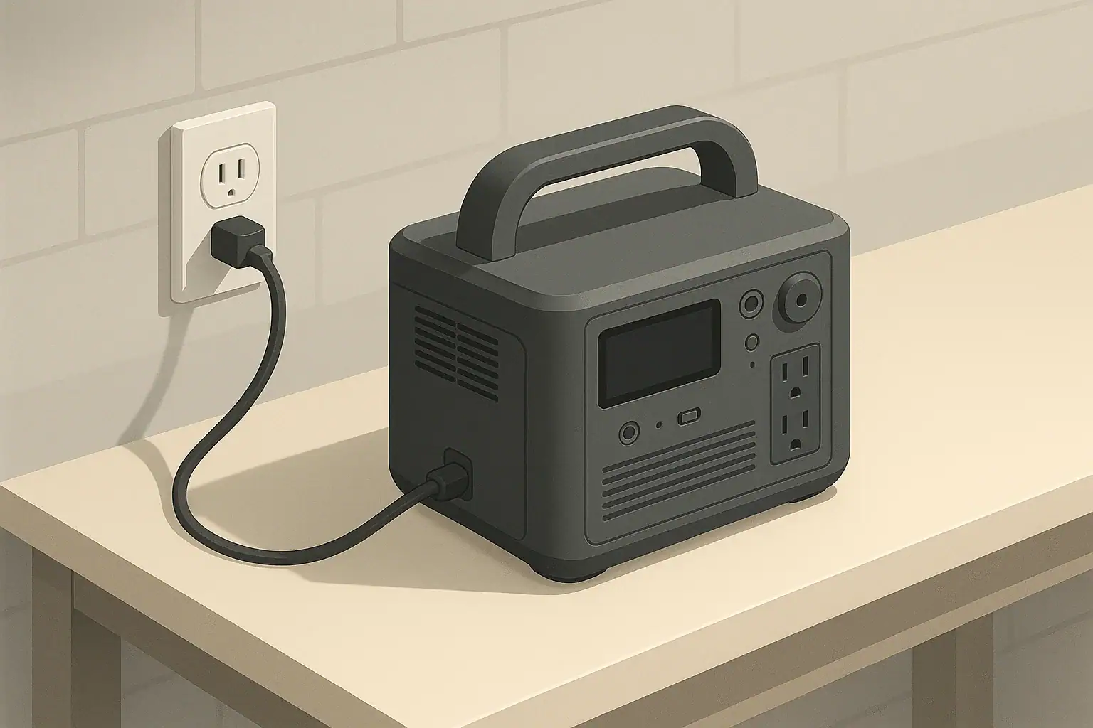 Portable power station AC charging on a clean workbench