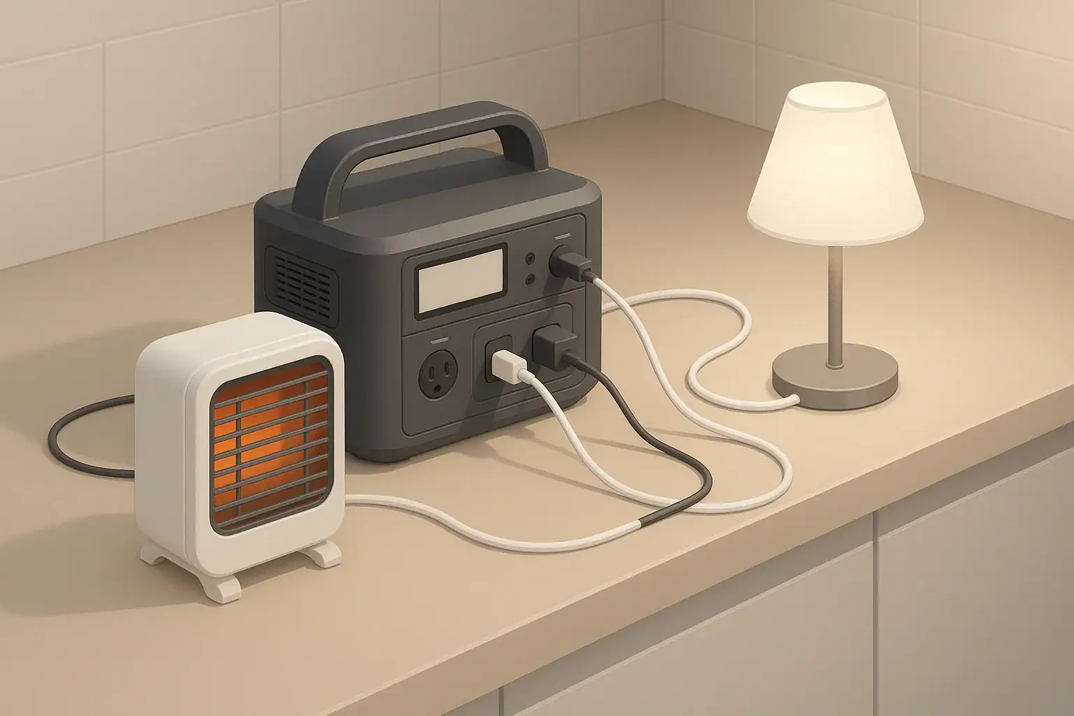Portable power station running a small space heater and lamp