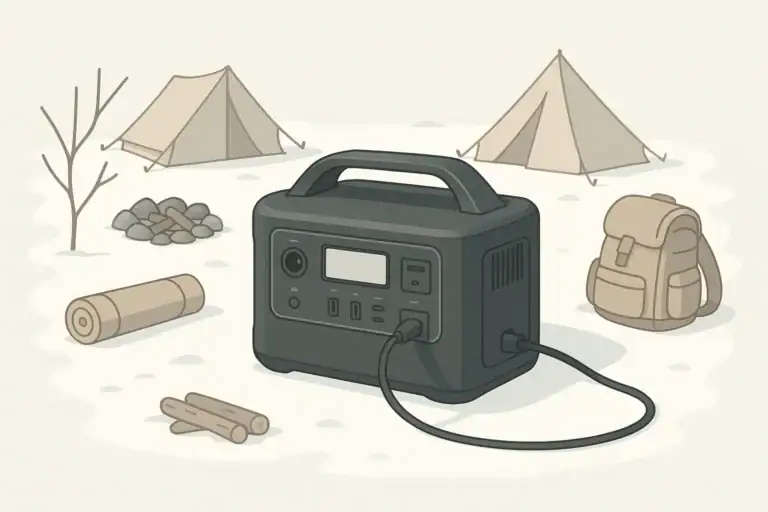 portable power station at a snowy campsite scene