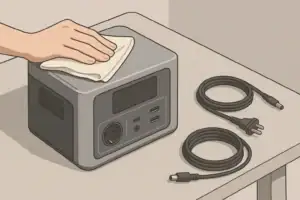 Portable power station with cables being cleaned on a table