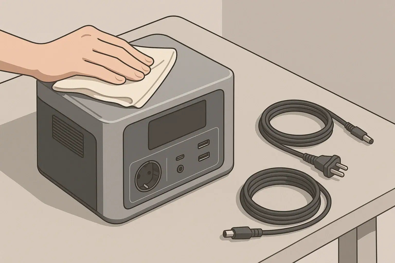 Portable power station with cables being cleaned on a table