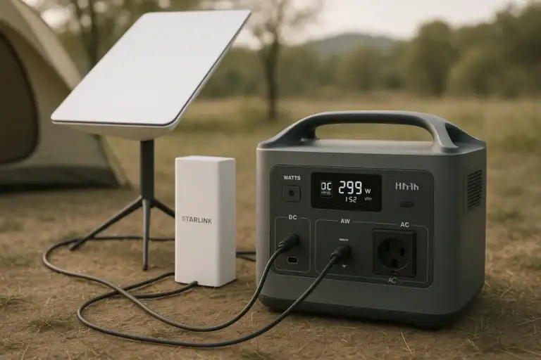 Portable power station powering a Starlink satellite internet dish and router outdoors