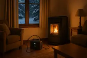 Pellet stove running during a power outage powered by a portable power station