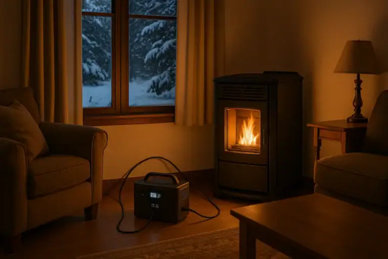 Pellet stove running during a power outage powered by a portable power station