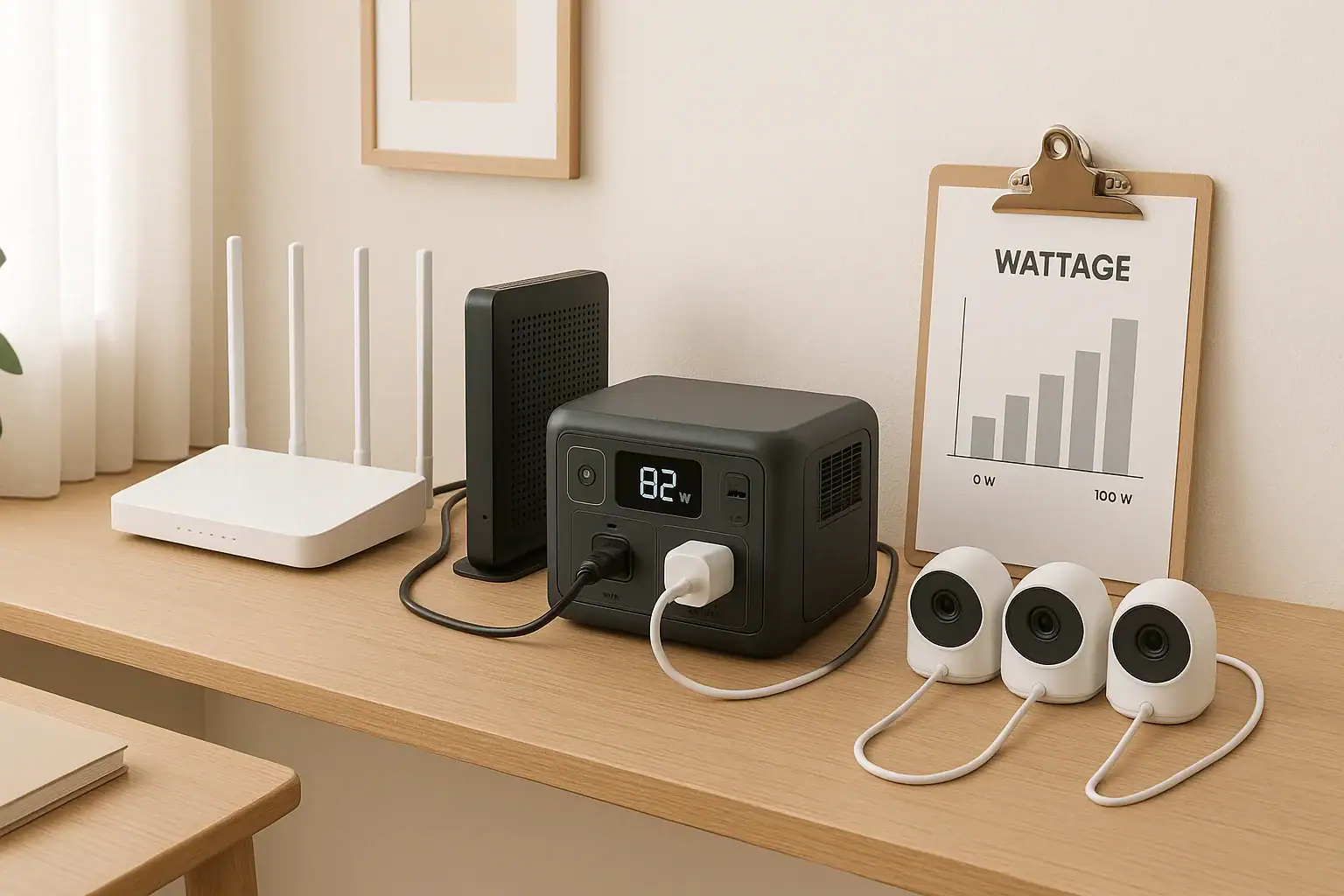 Portable power station backing up home Wi-Fi router and security cameras
