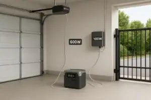 Portable power station powering a garage door opener and driveway gate in a home garage