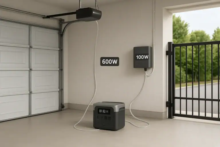 Portable power station powering a garage door opener and driveway gate in a home garage