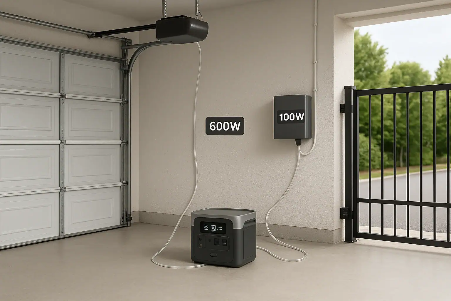 Portable power station powering a garage door opener and driveway gate in a home garage