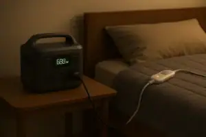 Portable power station running an electric blanket beside a bed