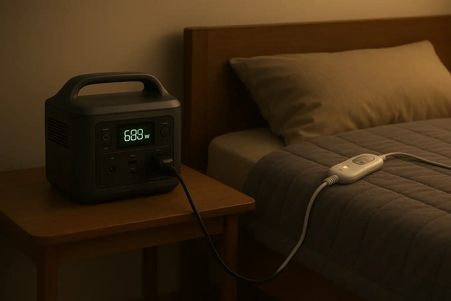 Portable power station running an electric blanket beside a bed