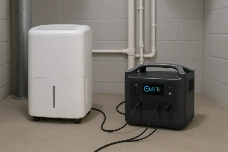 Portable power station running a home dehumidifier in a basement