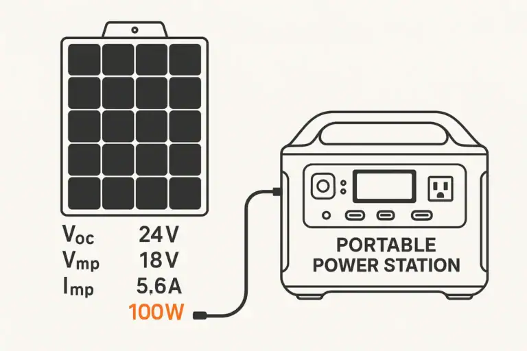 Diagram of solar panel and portable power station with Voc, Vmp, and Imp labeled