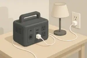 Portable power station on indoor table with tidy cables