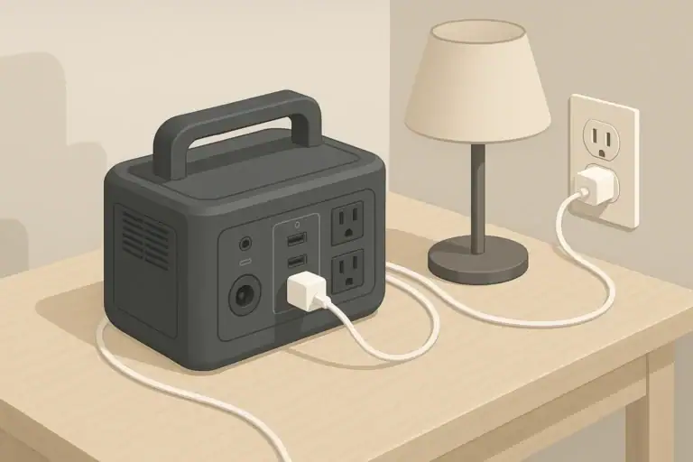Portable power station on indoor table with tidy cables
