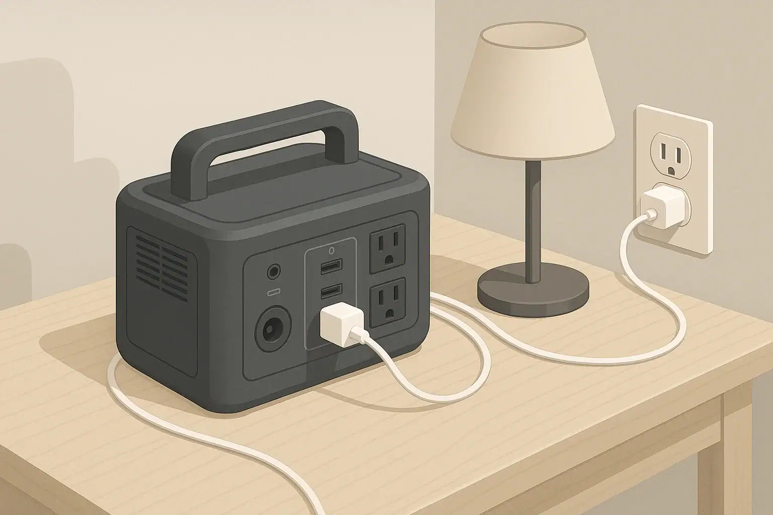 Portable power station on indoor table with tidy cables