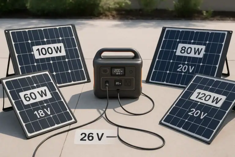 Portable power station connected to different solar panels with labeled specs