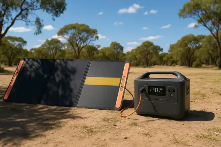 Portable power station with solar panels partially in shade showing reduced charging power