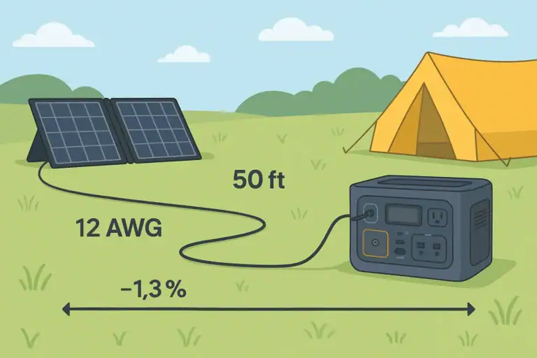 Portable power station connected to solar panels with long solar extension cables showing voltage drop along the cable