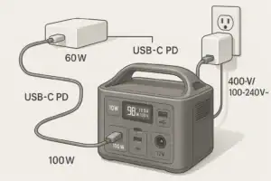 Portable power station charging from a USB-C PD charger showing power and port labels
