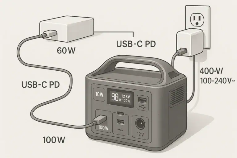 Portable power station charging from a USB-C PD charger showing power and port labels