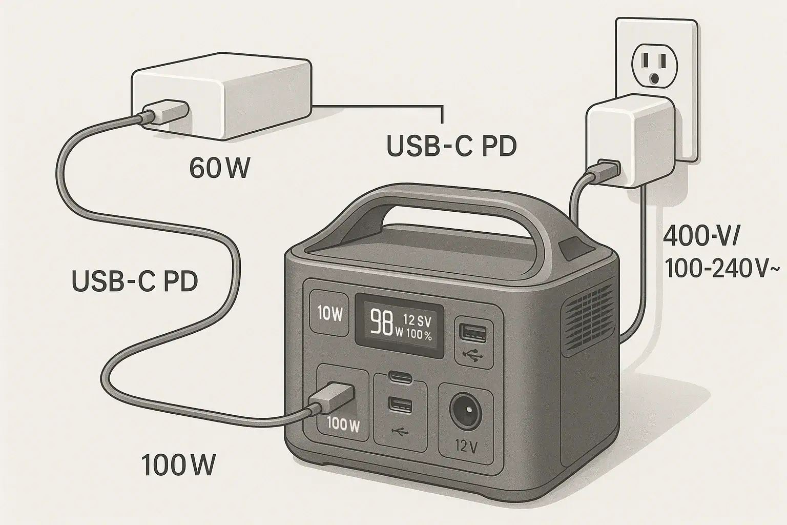 Portable power station charging from a USB-C PD charger showing power and port labels