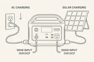 Diagram of a portable power station using both wall and solar charging inputs.