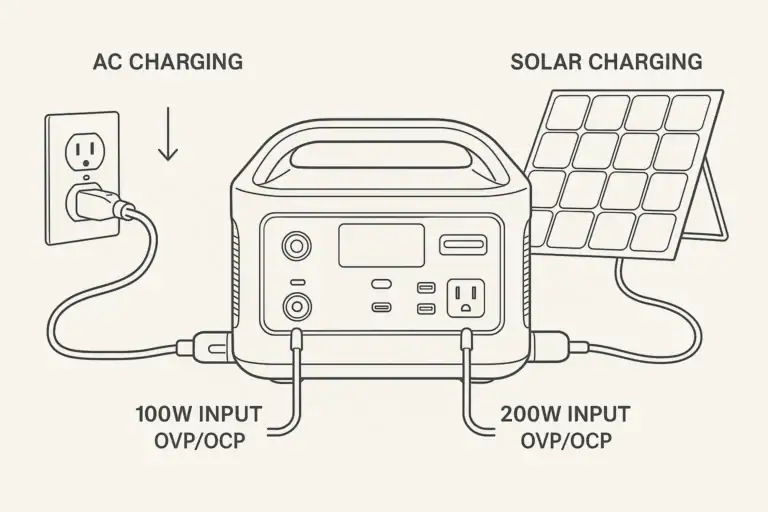 Diagram of a portable power station using both wall and solar charging inputs.