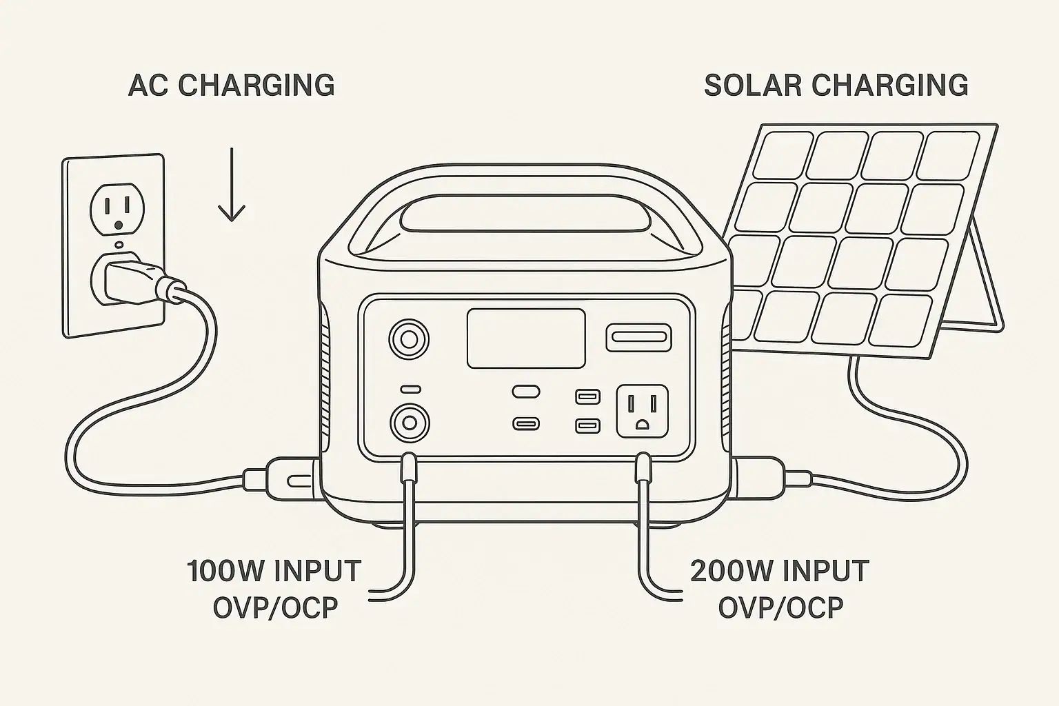Diagram of a portable power station using both wall and solar charging inputs.