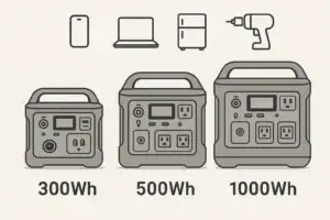 Comparison of 300Wh, 500Wh, and 1000Wh portable power station capacities with typical device icons