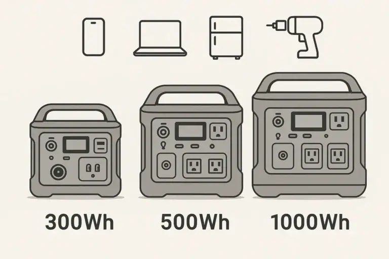Comparison of 300Wh, 500Wh, and 1000Wh portable power station capacities with typical device icons