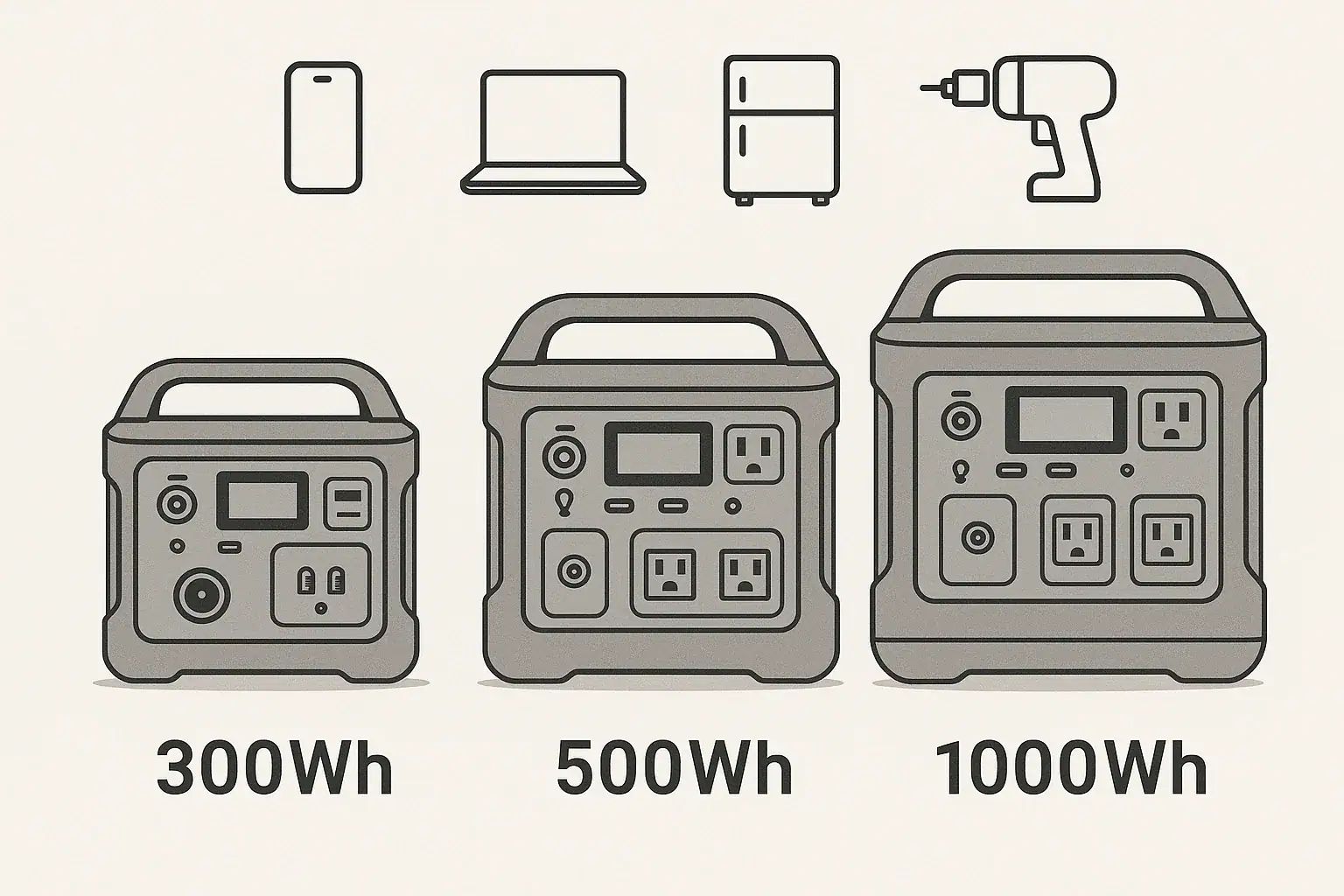 Comparison of 300Wh, 500Wh, and 1000Wh portable power station capacities with typical device icons