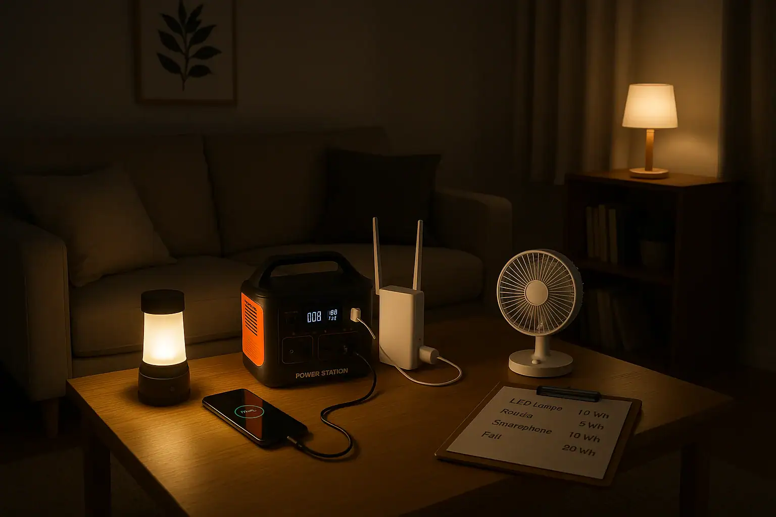 Portable power station running lights phone internet and small appliances during a power outage