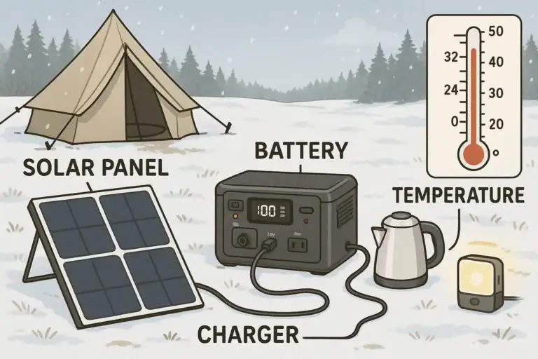Portable power station charging slowly in cold winter weather at a campsite
