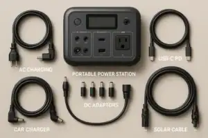 Portable power station with essential cables and adapters laid out in front