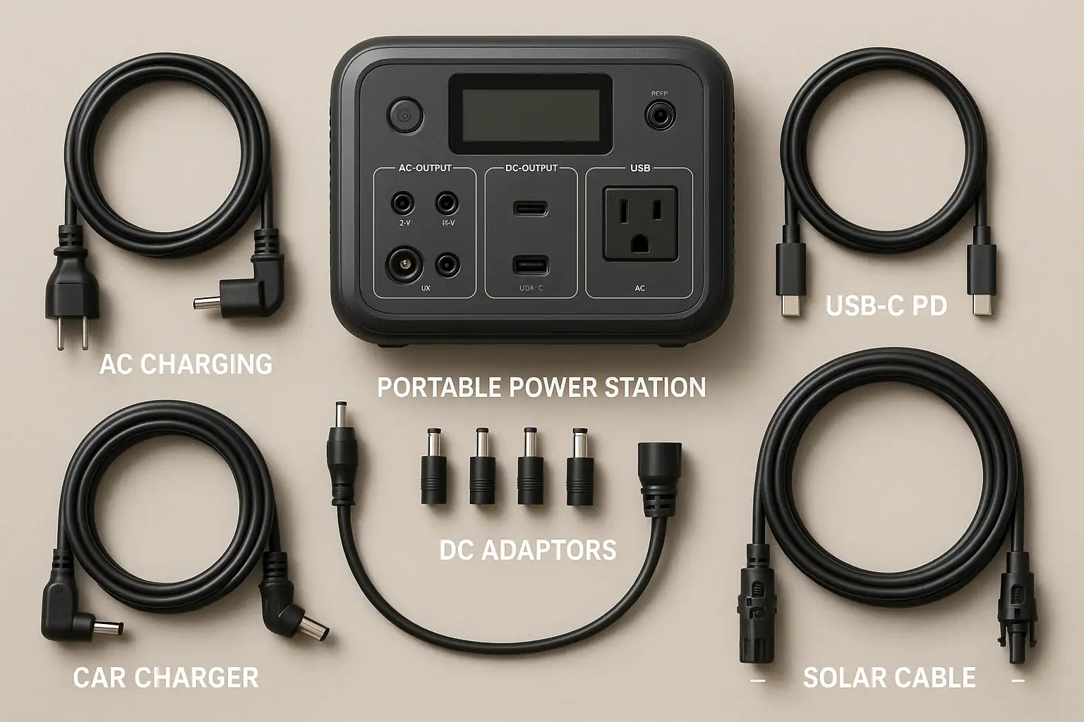 Portable power station with essential cables and adapters laid out in front
