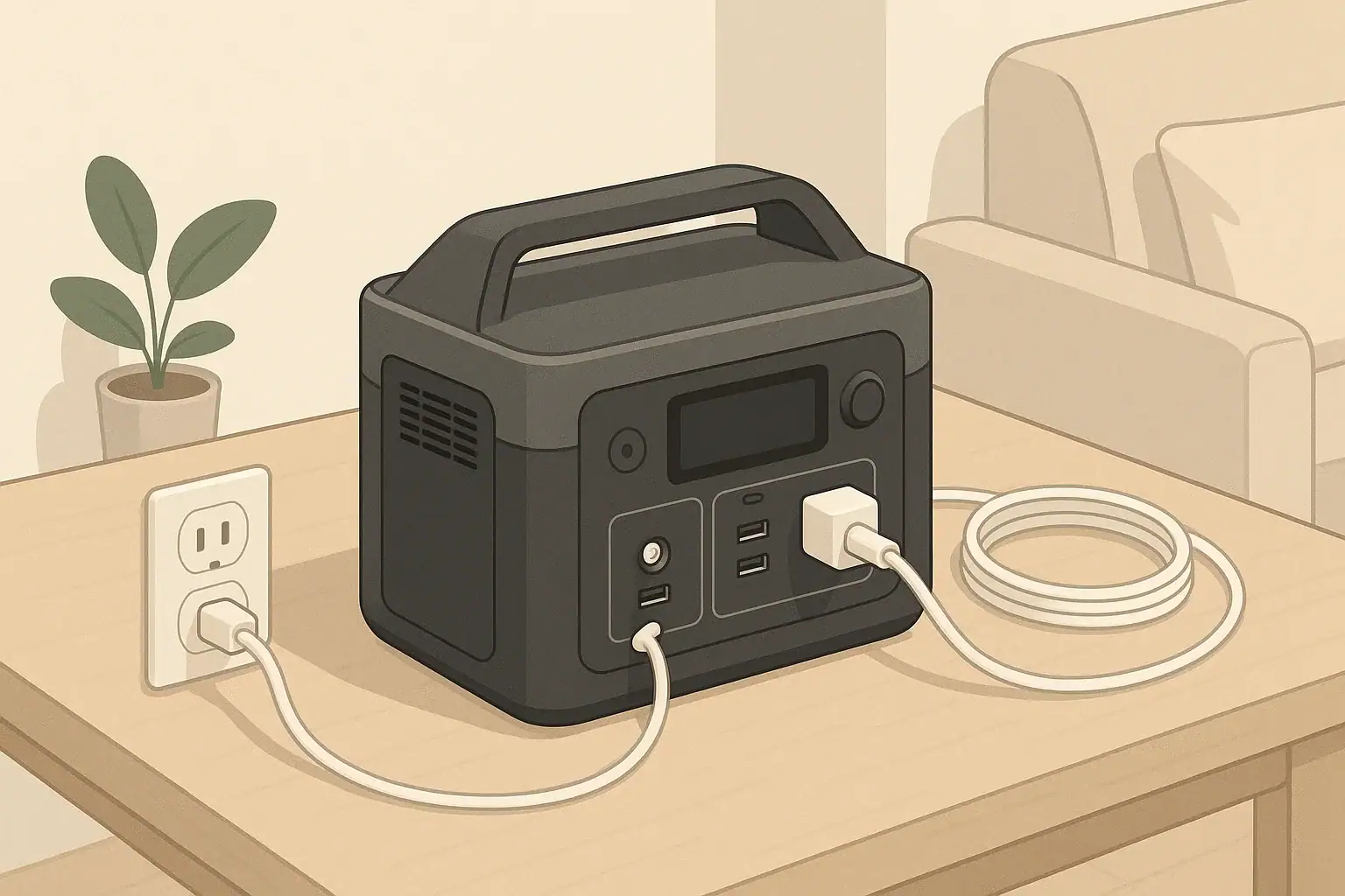 Portable power station on indoor table with tidy safe cables