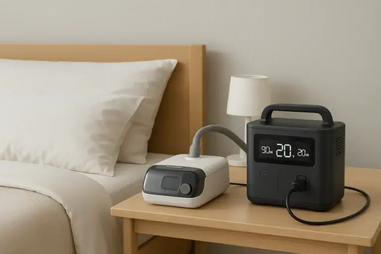 Portable power station powering a CPAP machine as medical backup