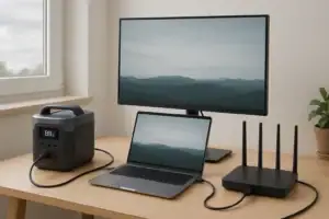 Remote work power kit with portable power station running a laptop, monitor, and Wi-Fi router