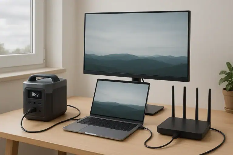 Remote work power kit with portable power station running a laptop, monitor, and Wi-Fi router