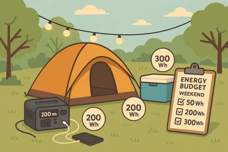 Weekend camping setup with portable power station and devices showing an energy budget plan