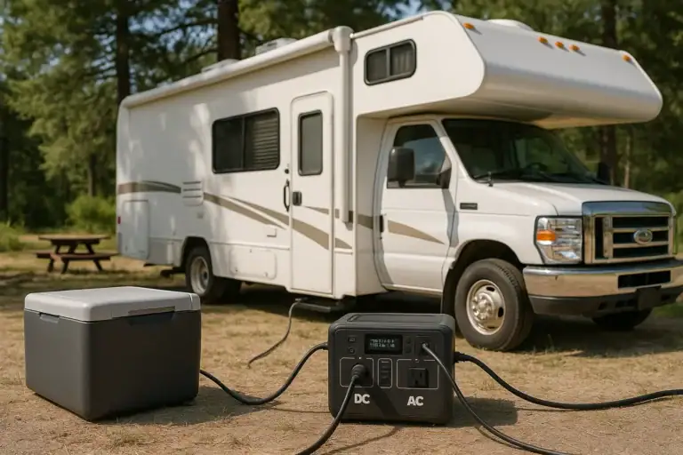 RV using a portable power station for 12V loads and house power at a campsite