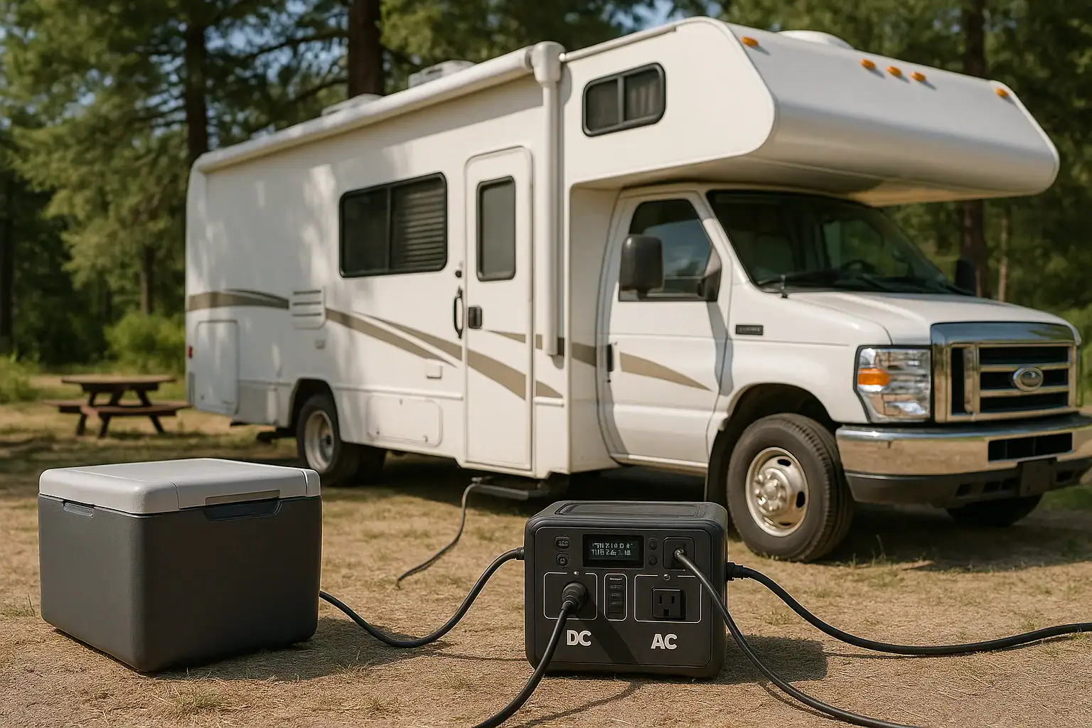 RV using a portable power station for 12V loads and house power at a campsite