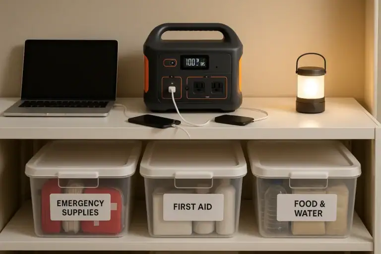 Home emergency backup setup with portable power station and supplies