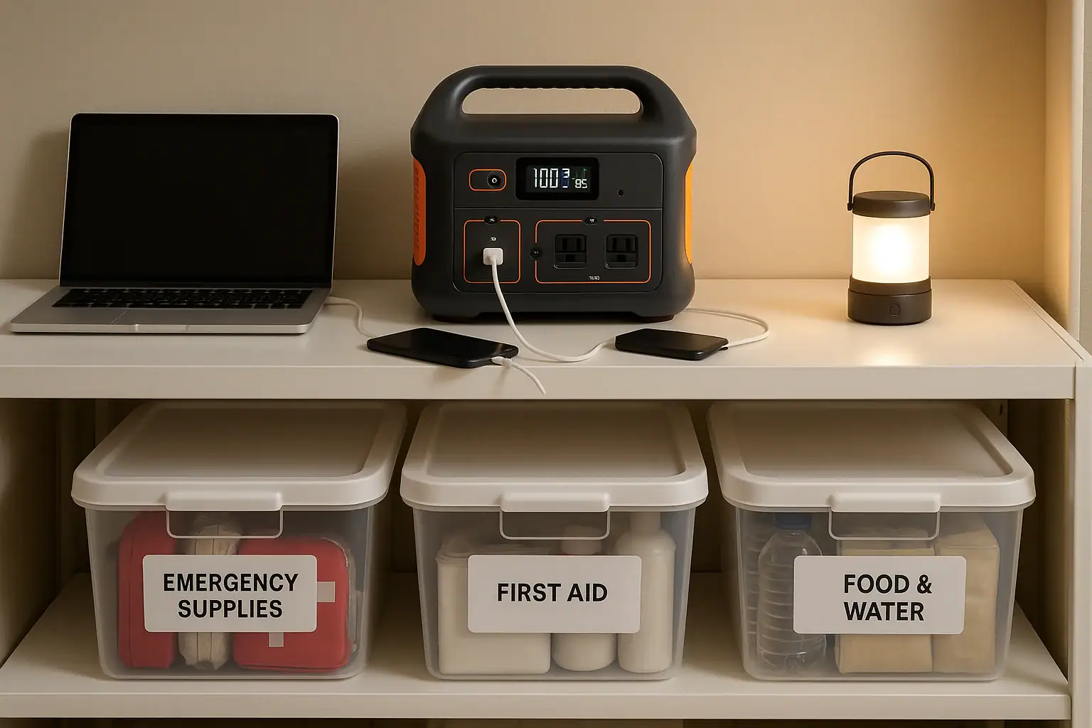 Home emergency backup setup with portable power station and supplies