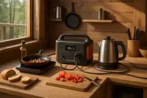 Off-grid electric cooking setup with a portable power station and induction cooktop
