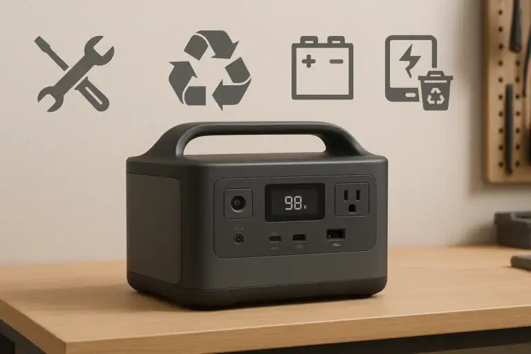 Portable power station with symbols of repair, recycling, and e-waste management