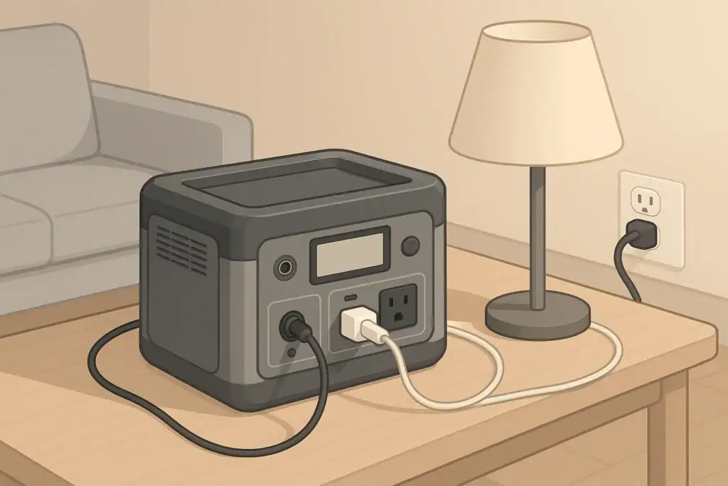 Portable power station on indoor table with safe cable setup