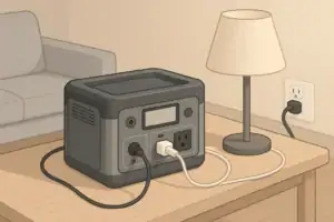 Portable power station on indoor table with safe cable setup