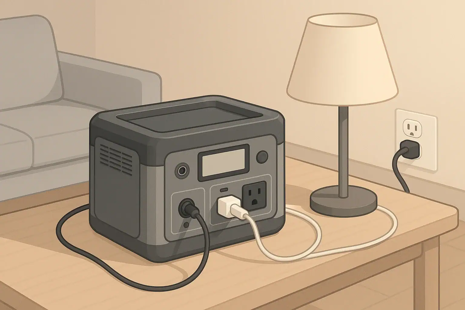 Portable power station on indoor table with safe cable setup