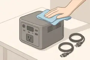 Person cleaning portable power station ports and vents with cloth